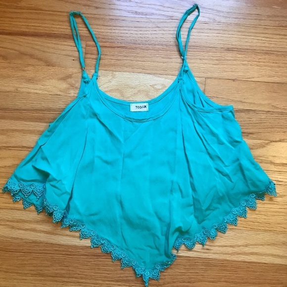 Tobi Tops - Tobi turquoise angled crop top with lace detail